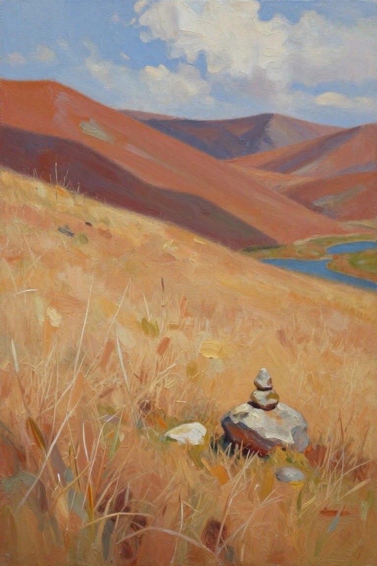Painting of golden grassland with a stone cairn amid reddish hills and blue sky.