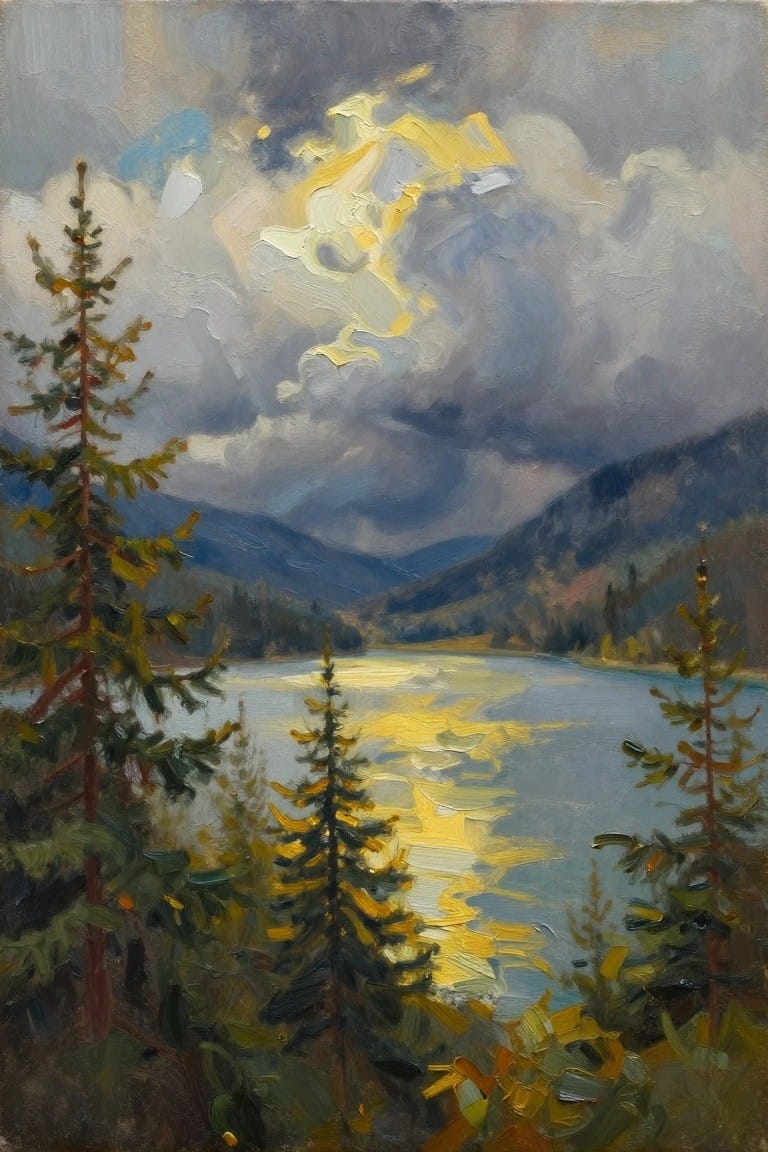 Oil painting of sunlight piercing clouds over pine trees and reflective mountain lake