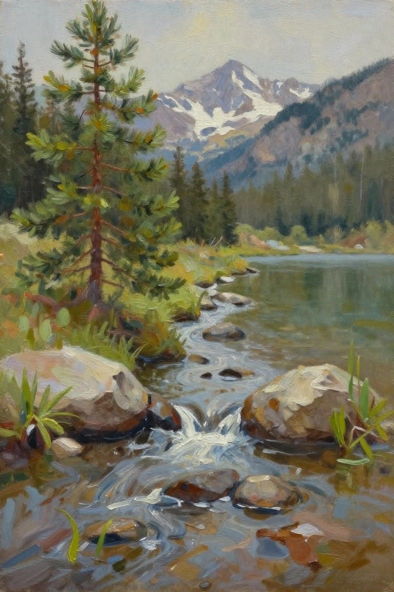 Rocky stream flows past boulders and pine tree toward snow-capped mountain peaks in oil painting