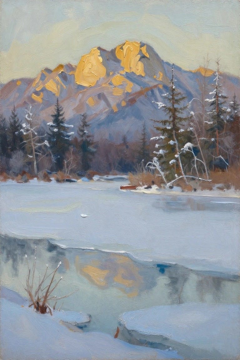 Impressionistic oil painting of golden mountains above a frozen snowy lake with trees.