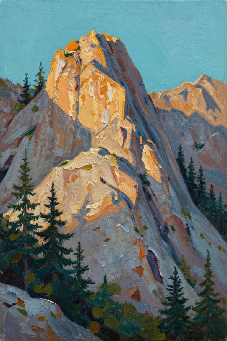 Sunlit rocky mountain peak with golden highlights, pine trees, and blue sky.