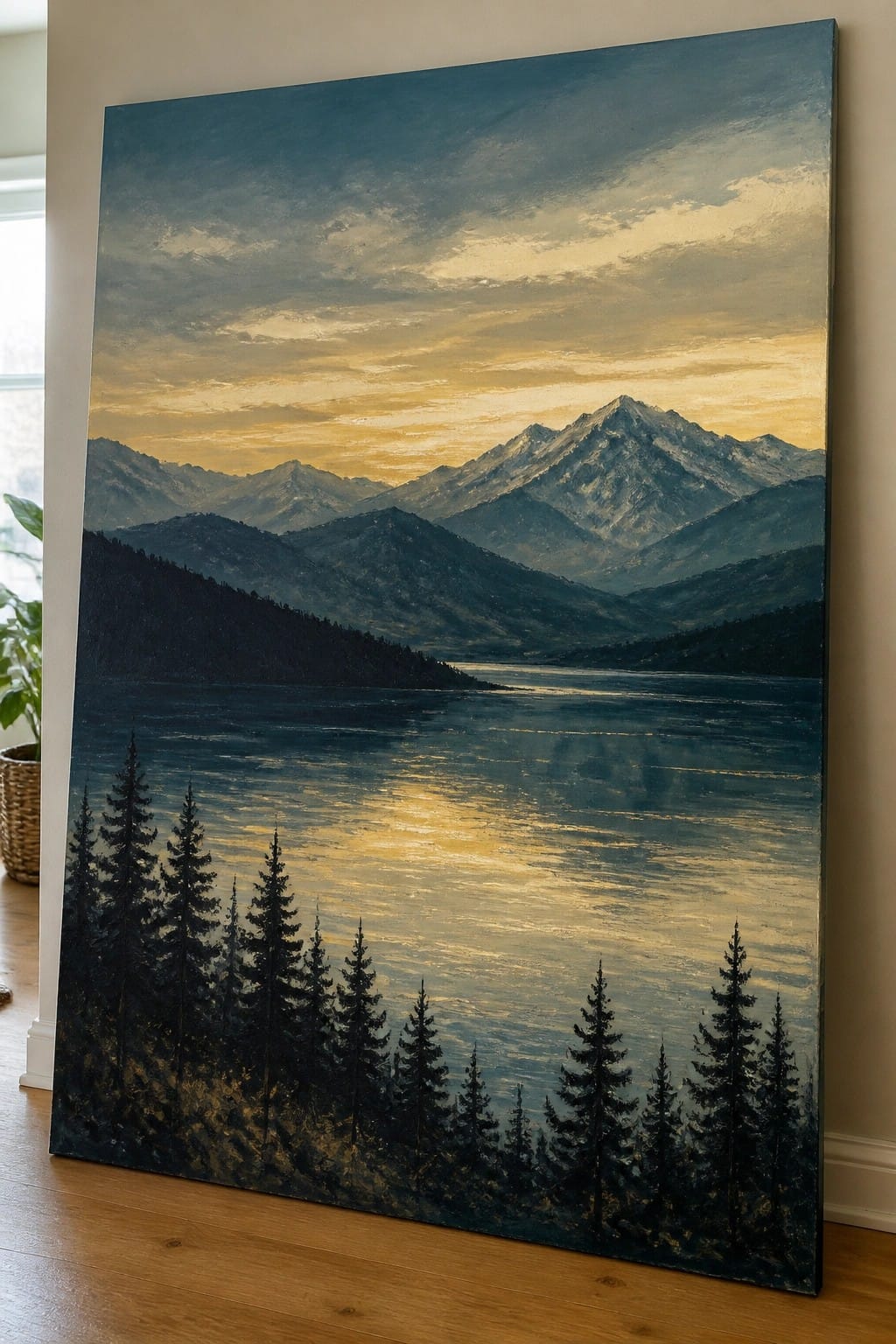 An oil painting of a calm lake with dark pine trees in the foreground, layered mountains behind it, and a golden sunset sky reflected on the water.