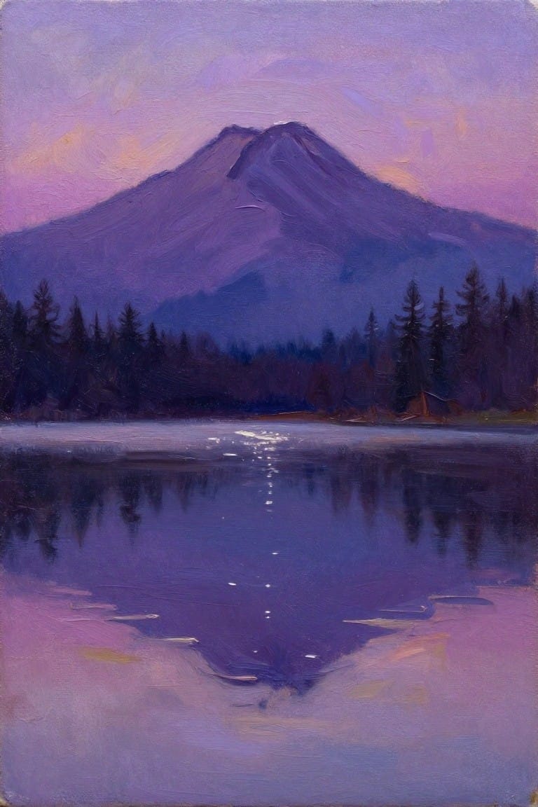 Purple mountain reflected in calm lake under twilight sky with pine trees.
