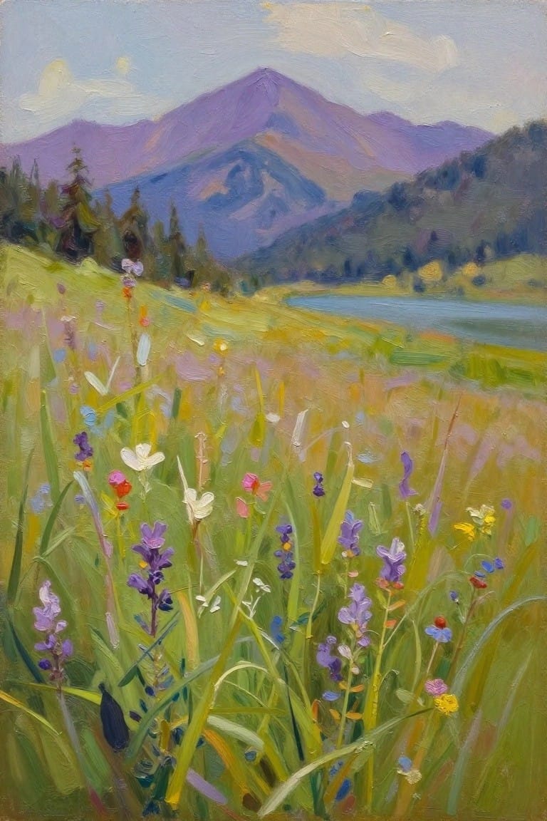 Oil painting of a colorful wildflower field in front of a blue lake with purple mountains behind it.
