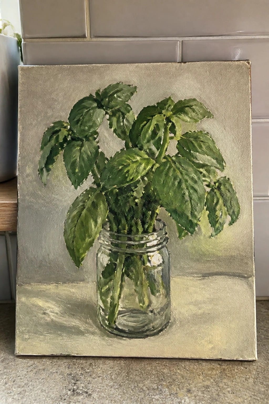 Lush green basil plant with stems in clear glass mason jar, oil painting on canvas