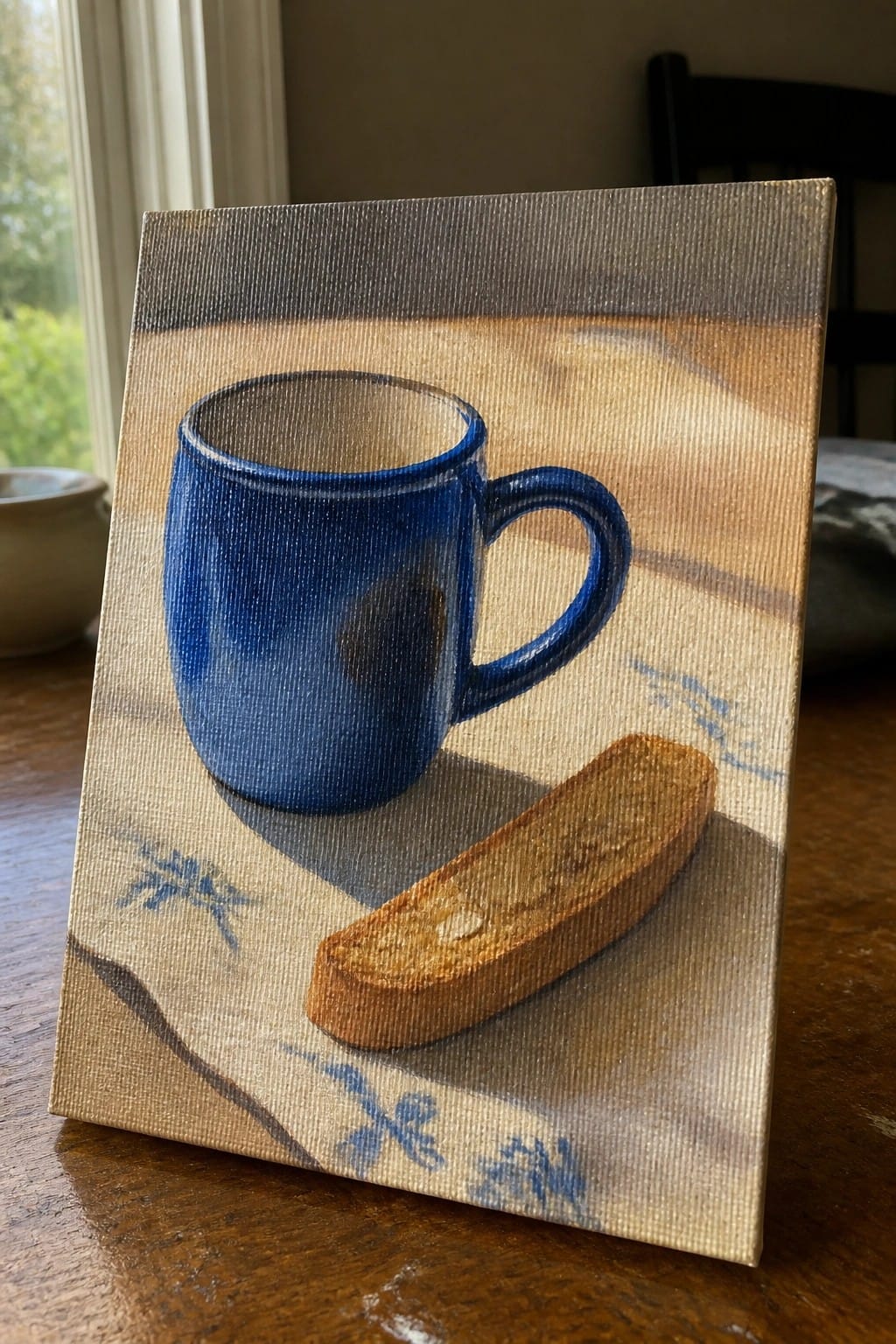 Realistic painting of blue ceramic mug and biscotti on patterned cloth
