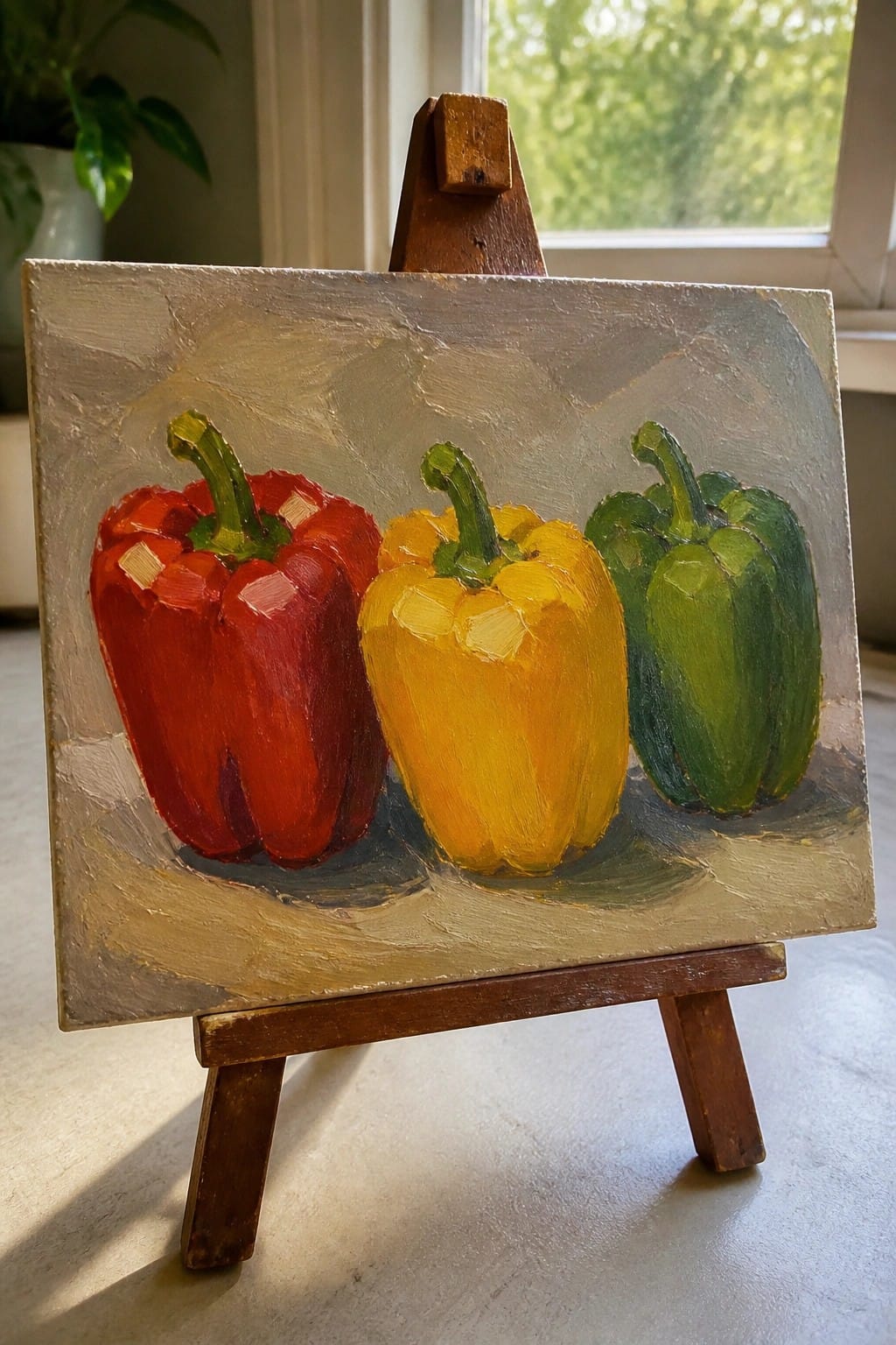 Oil painting of red, yellow, and green bell peppers on wooden easel