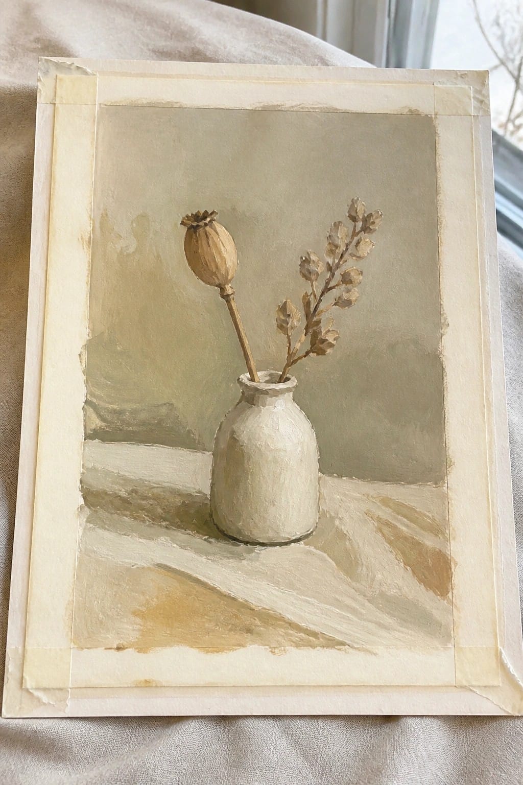 Still life painting of white vase with dried poppy pod and leafy branch.