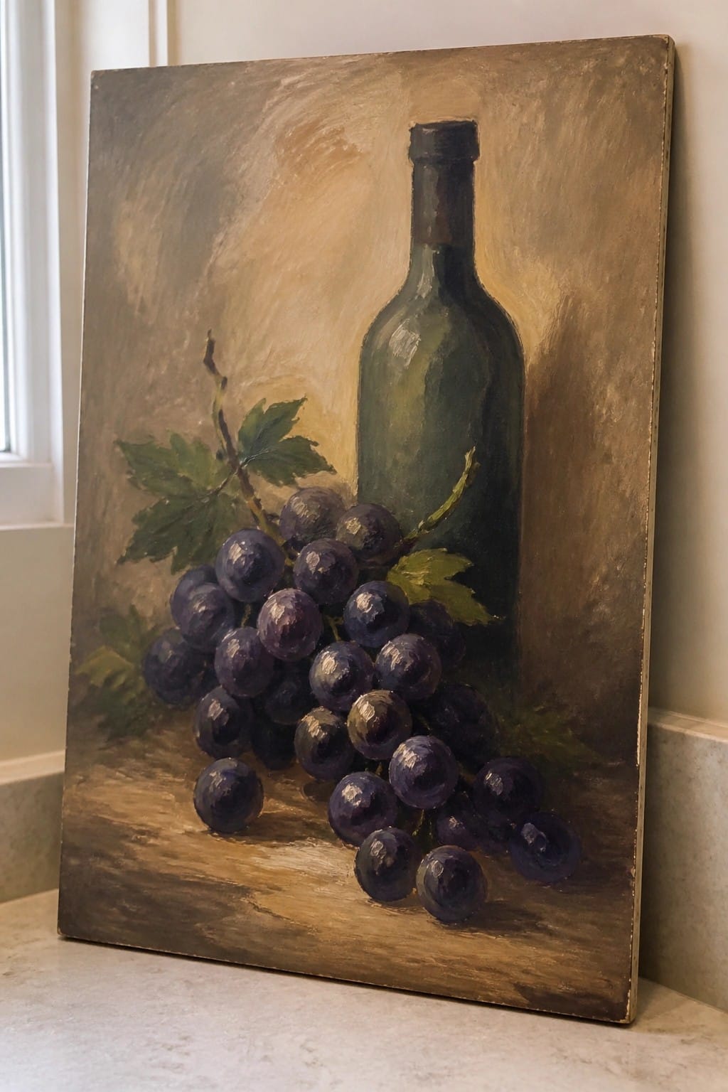 Still life painting of green bottle beside purple grapes with leaves on brown surface