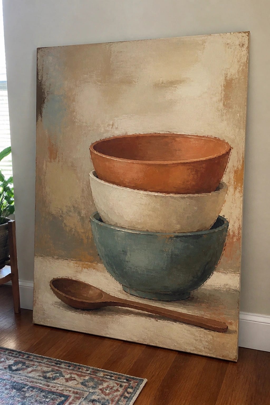 Abstract still life painting of stacked terracotta, cream, and teal bowls with wooden spoon