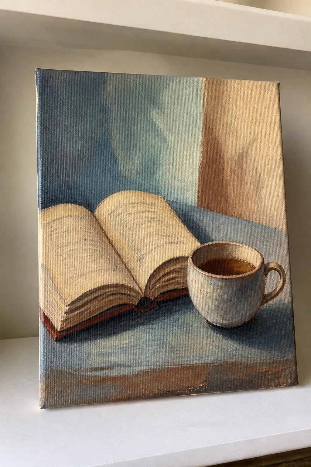 Still life painting of open book beside coffee cup on blue surface