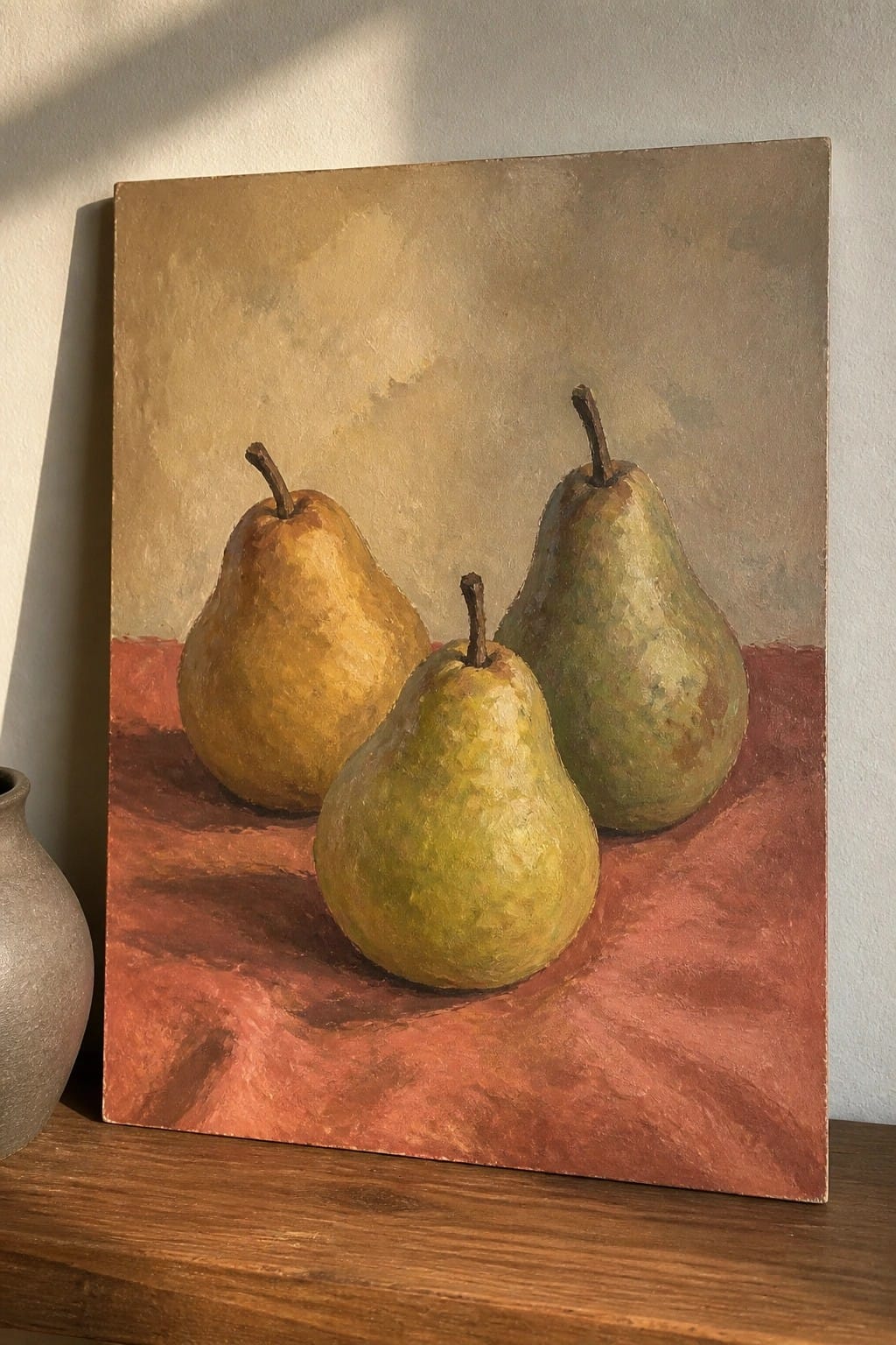 Three pears in warm tones on a red surface beside a small gray vase