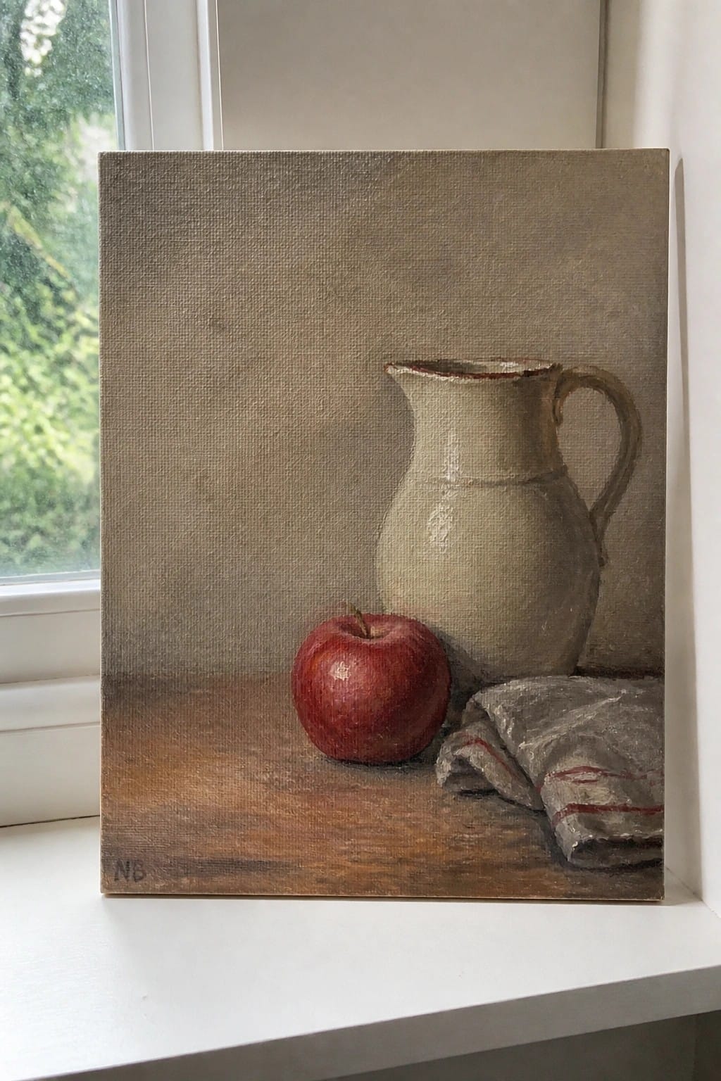 Still life painting of red apple, beige pitcher, and striped cloth on wood