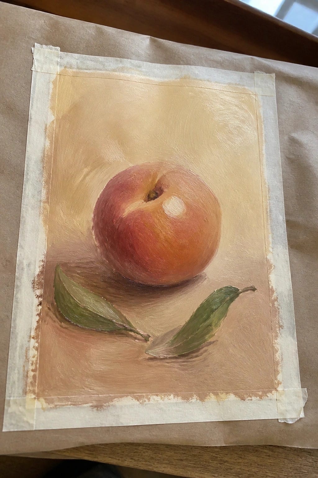 Realistic still life painting of red-orange peach with two green leaves