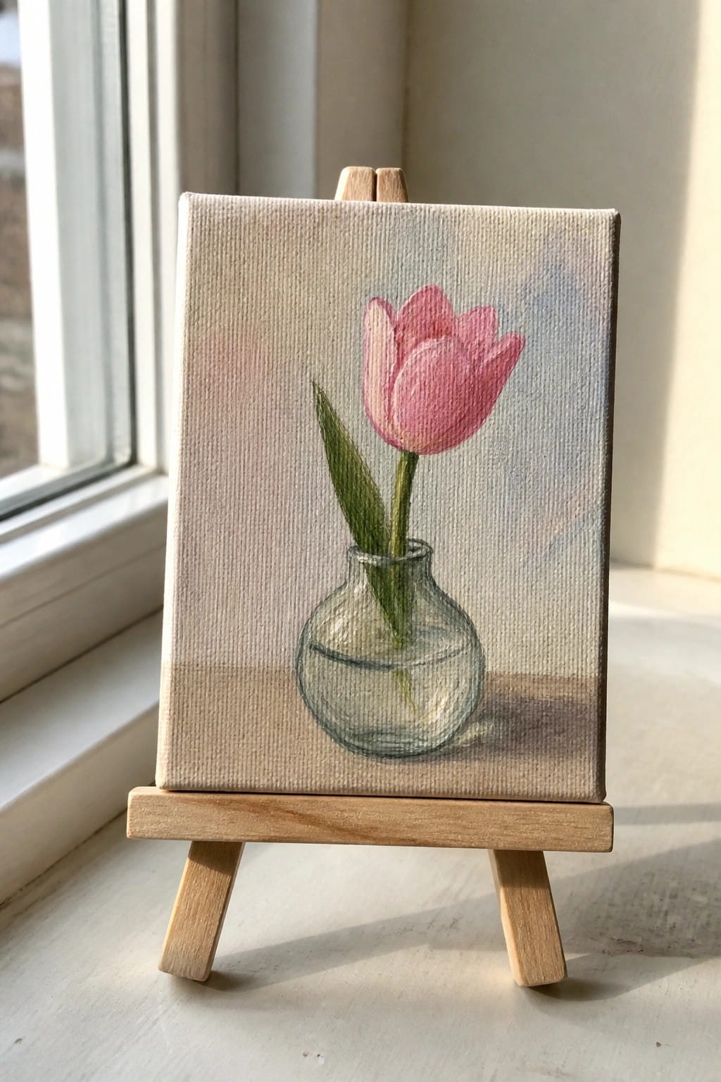 Pink tulip in glass vase on miniature canvas atop wooden easel
