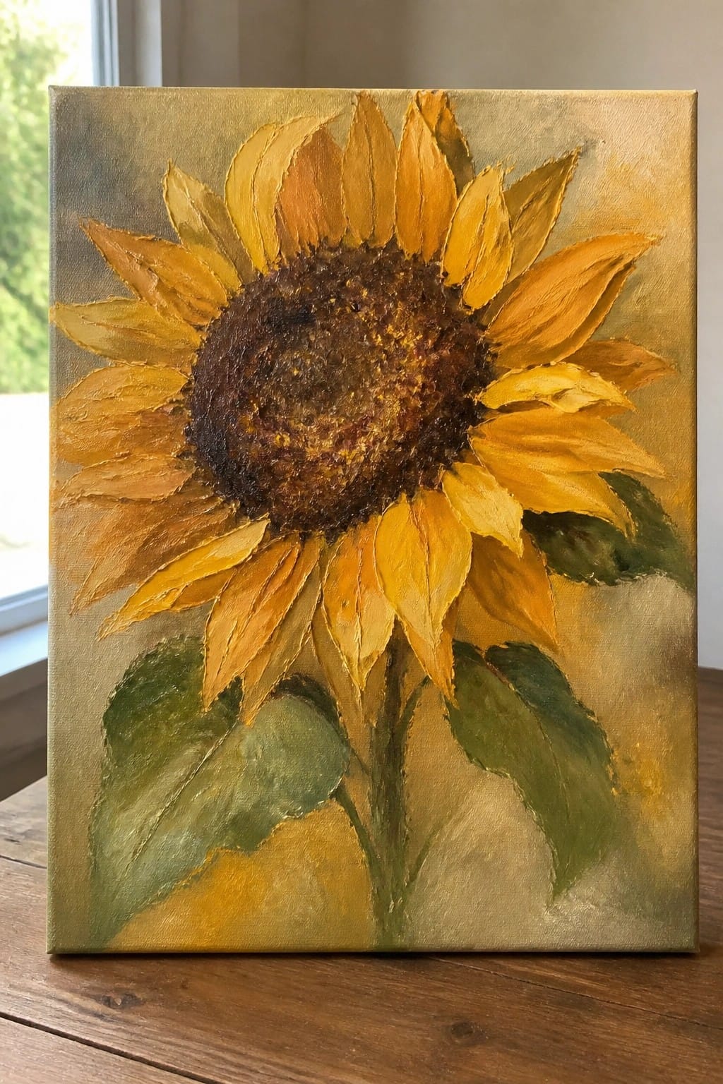 Impasto oil painting of vibrant yellow sunflower with brown center and green leaves on gold background
