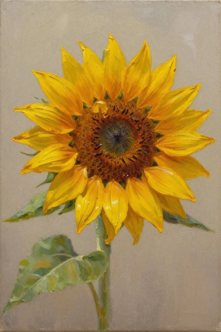 Yellow sunflower with textured brown center, yellow petals, and green leaves on gray background