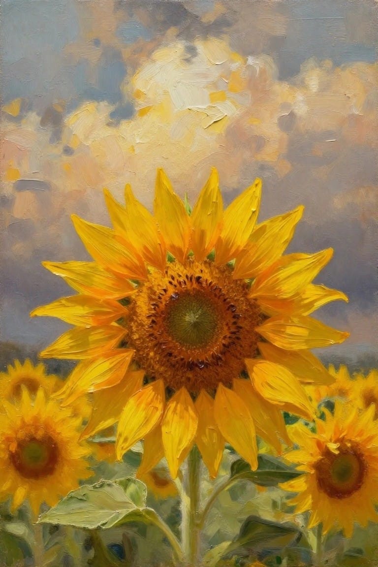 Large sunflower with yellow petals and brown center amid others under cloudy sky