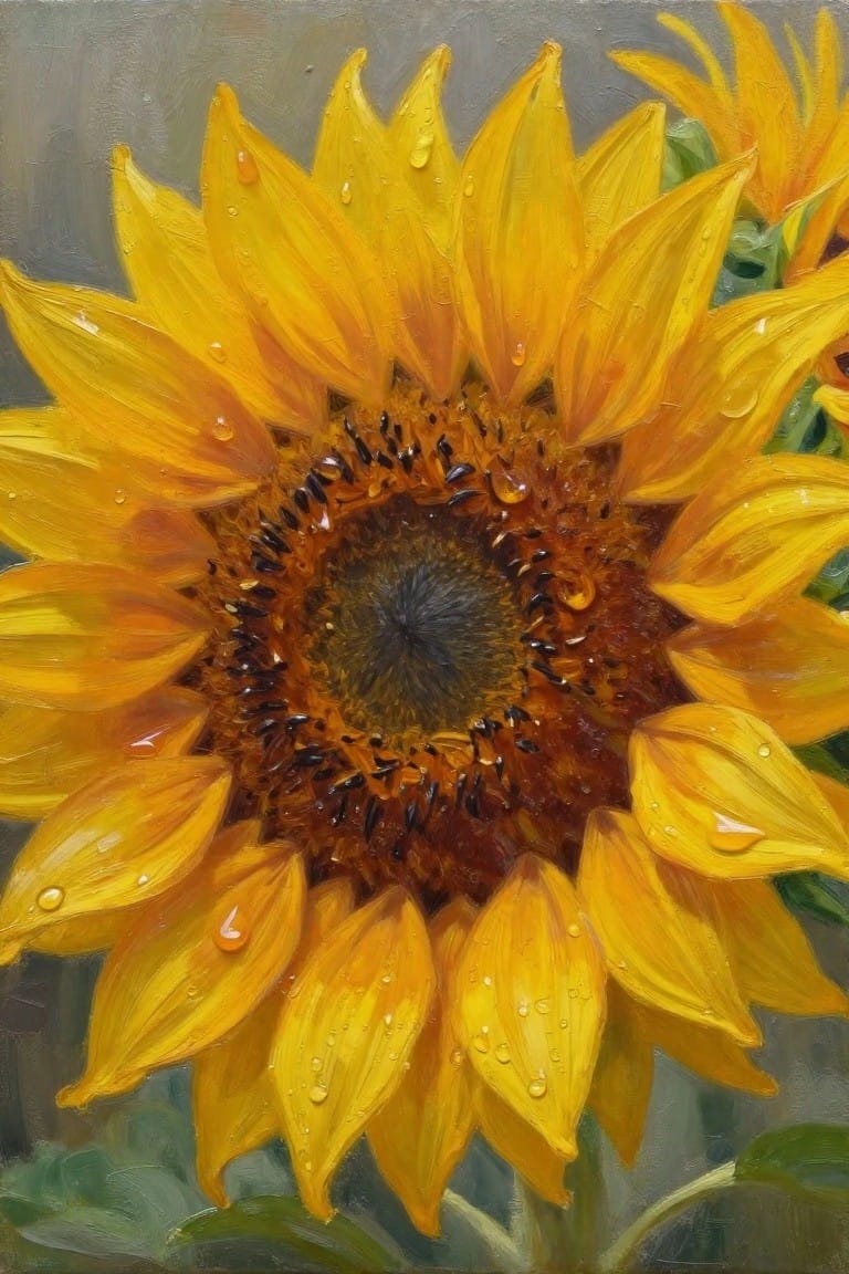 Close-up oil painting of a yellow sunflower covered in water droplets with a dark textured center and muted background.
