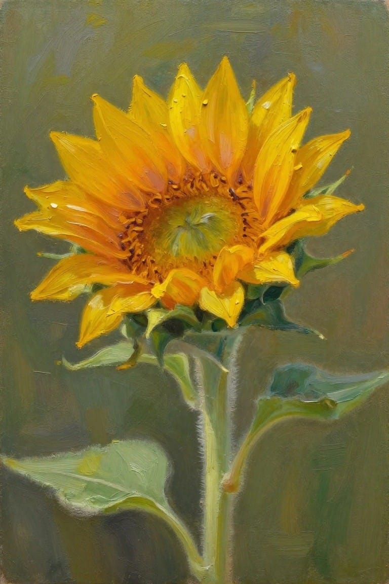 Vibrant yellow sunflower with textured petals, green stem, and leaves in oil painting.