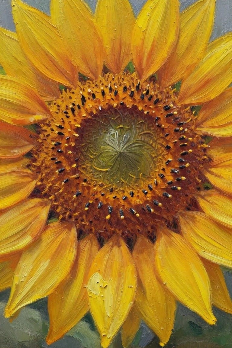 Thickly painted sunflower with bright yellow petals around a brown seed-filled center.