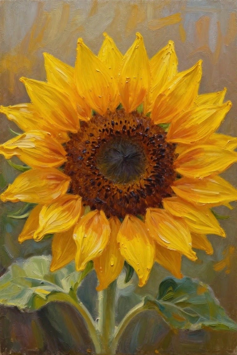 Vibrant yellow sunflower with brown center, dewdrops on petals in oil painting