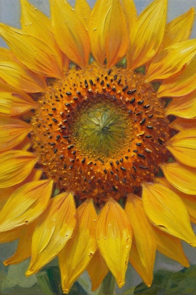 Vibrant oil painting close-up of sunflower with yellow petals and dark seeded center