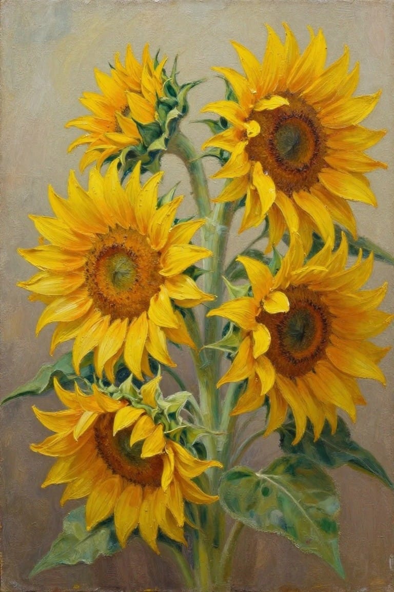 Oil painting of several yellow sunflowers clustered on green stems with leaves against a muted background.