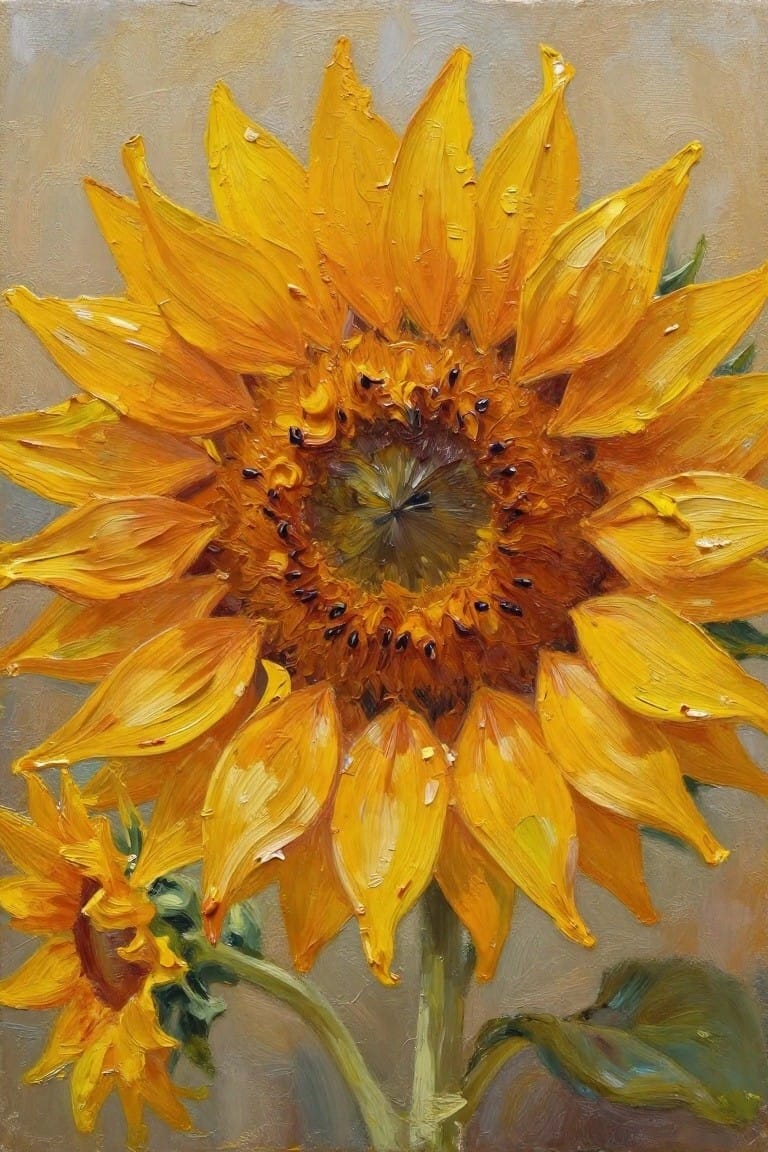 Thickly textured oil painting of a large yellow sunflower with dark center.