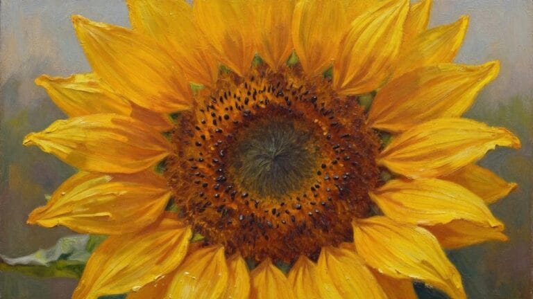 19 Brilliant Sunflower Oil Painting Ideas to Create Warm Golden Compositions Vibrant yellow sunflower with brown center, dewdrops on petals in oil painting