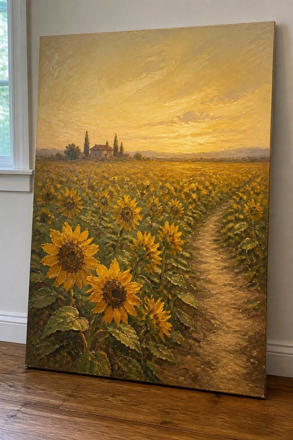 Oil painting of a sunflower field with winding path at golden sunset, distant house and trees.