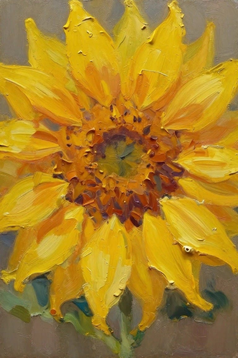Thickly textured oil painting of vibrant yellow sunflower with orange-brown center