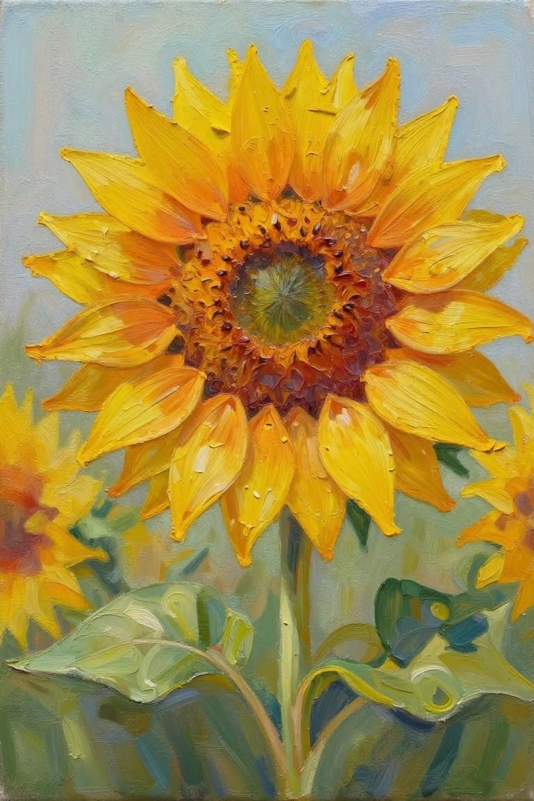 Vibrant yellow sunflower with textured petals and green leaves in oil painting style.