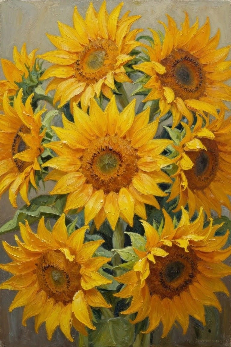 An oil painting shows a dense cluster of yellow sunflowers with green leaves visible between the overlapping blooms.