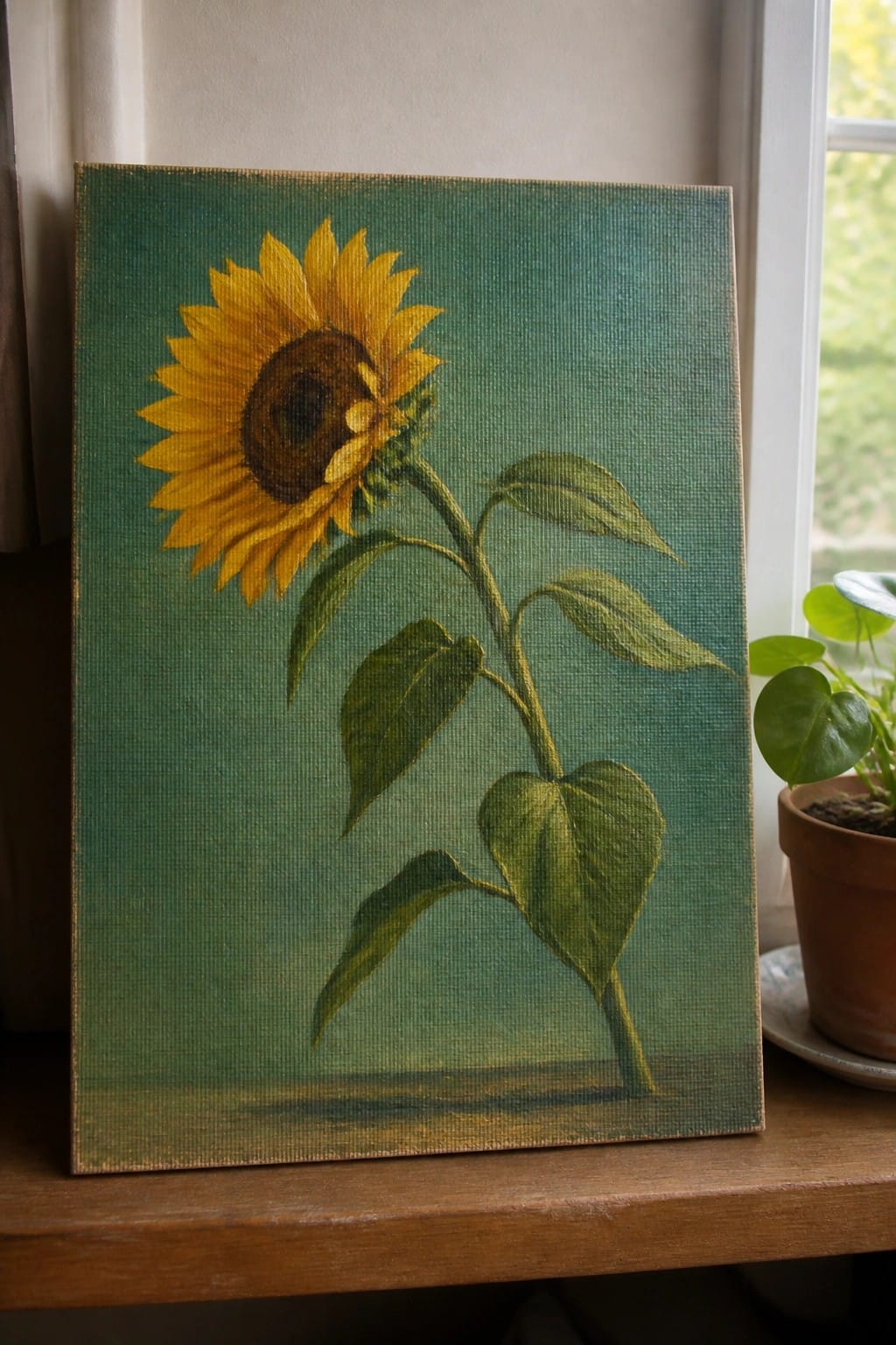 Sunflower painting with yellow petals, brown center, and green leaves on canvas.