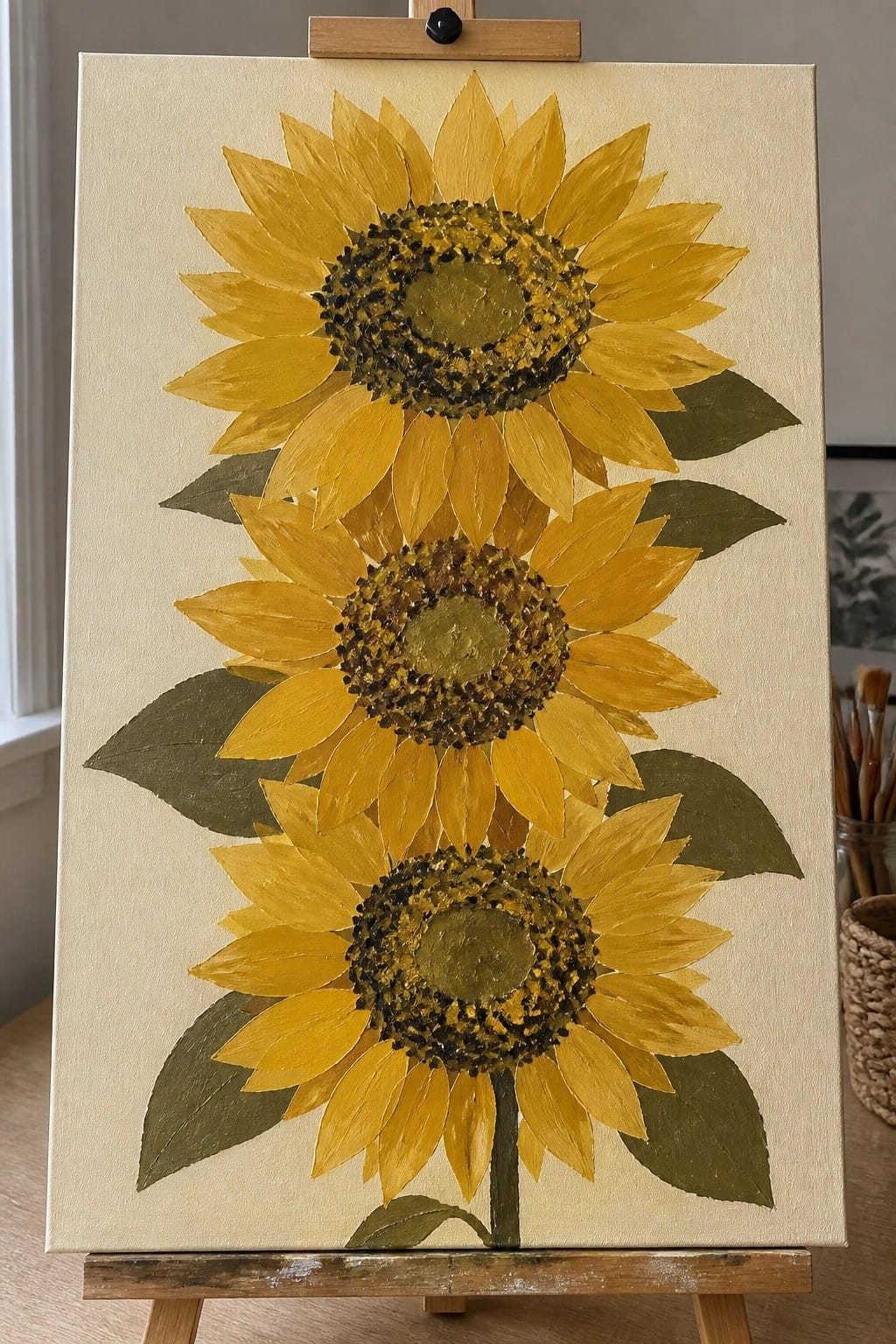Three yellow sunflowers with green leaves on beige canvas atop wooden easel