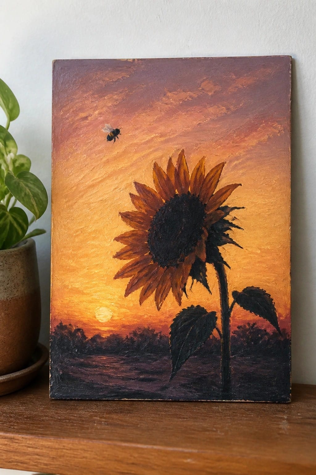 An oil painting of a large sunflower with a bee flying toward it under an orange and red sunset sky above a dark landscape.