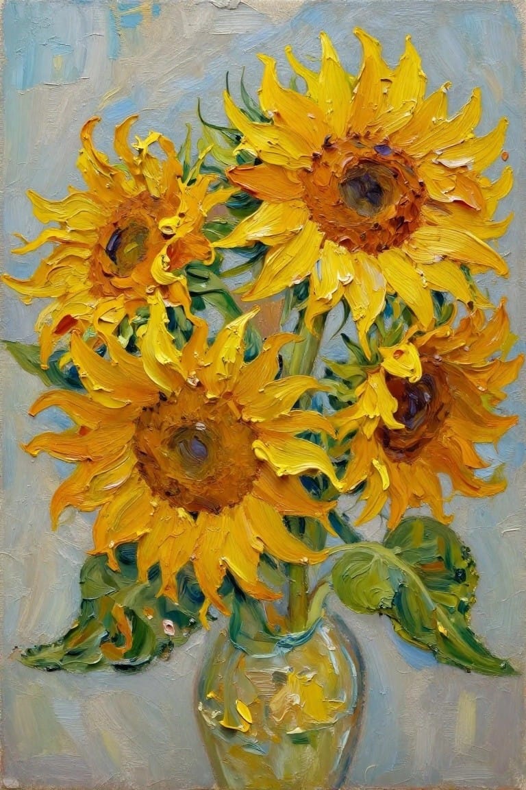 An oil painting of several yellow sunflowers with green leaves in a clear glass vase against a blue-gray background.