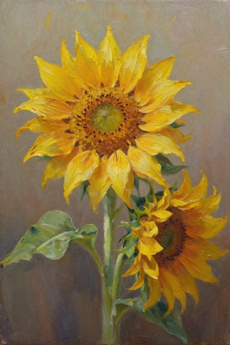 Two yellow sunflowers with green leaves in textured oil painting on brown background