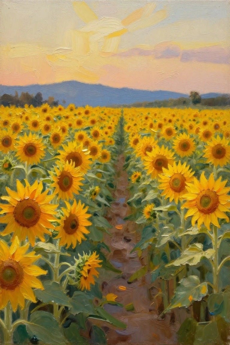 Vast sunflower field with winding path under colorful sunset sky, oil painting