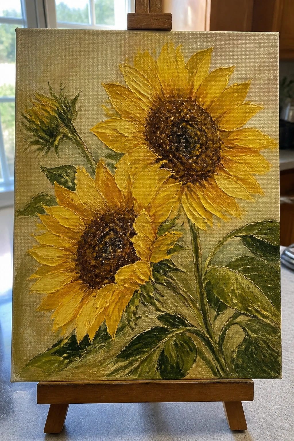Oil painting of two large yellow sunflowers with green leaves on wooden easel