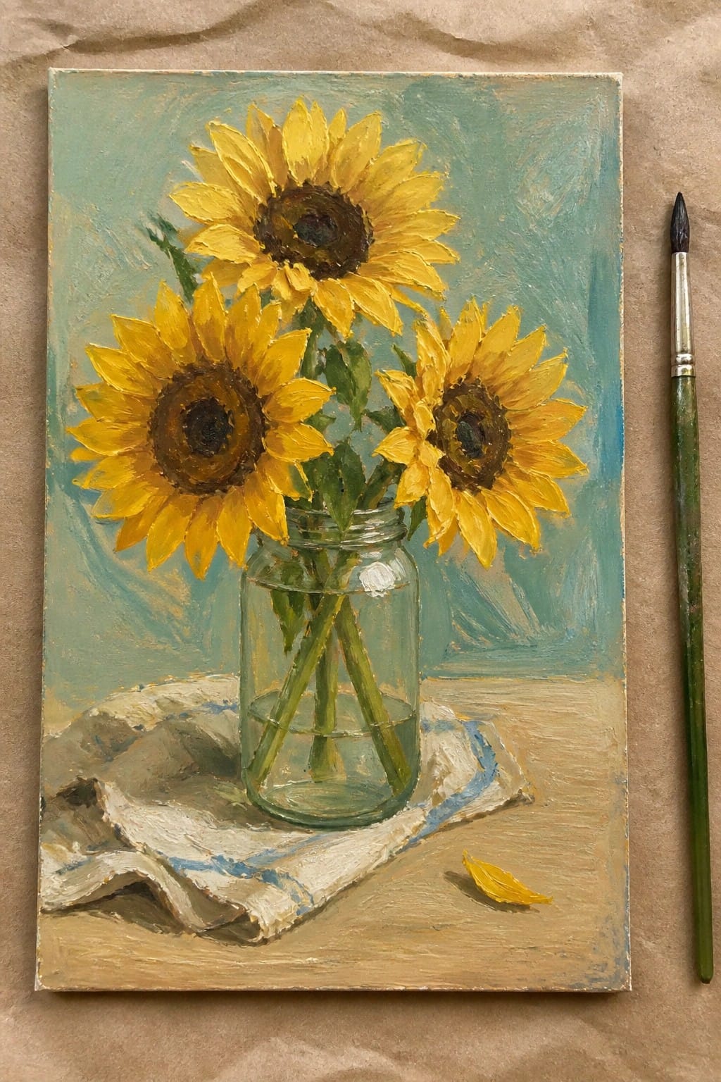 Oil painting of three sunflowers in a glass jar on a white cloth with a paintbrush to the right.