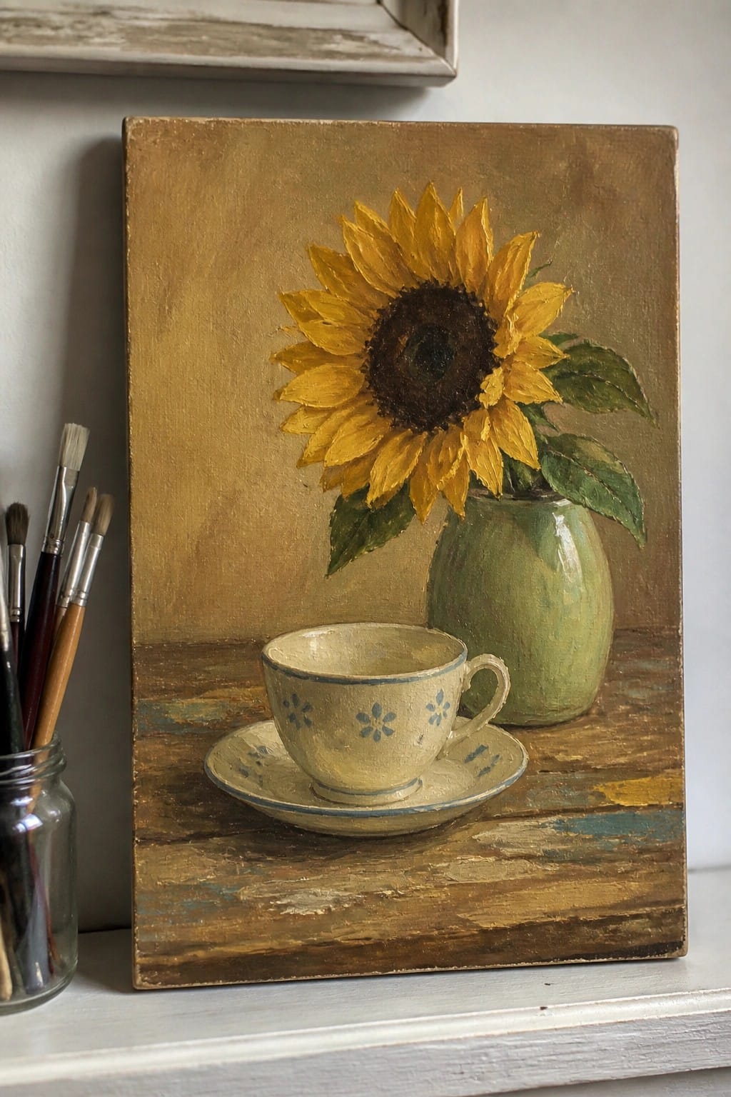 Still life painting of sunflower in green vase beside floral teacup on rustic wood with paintbrushes.