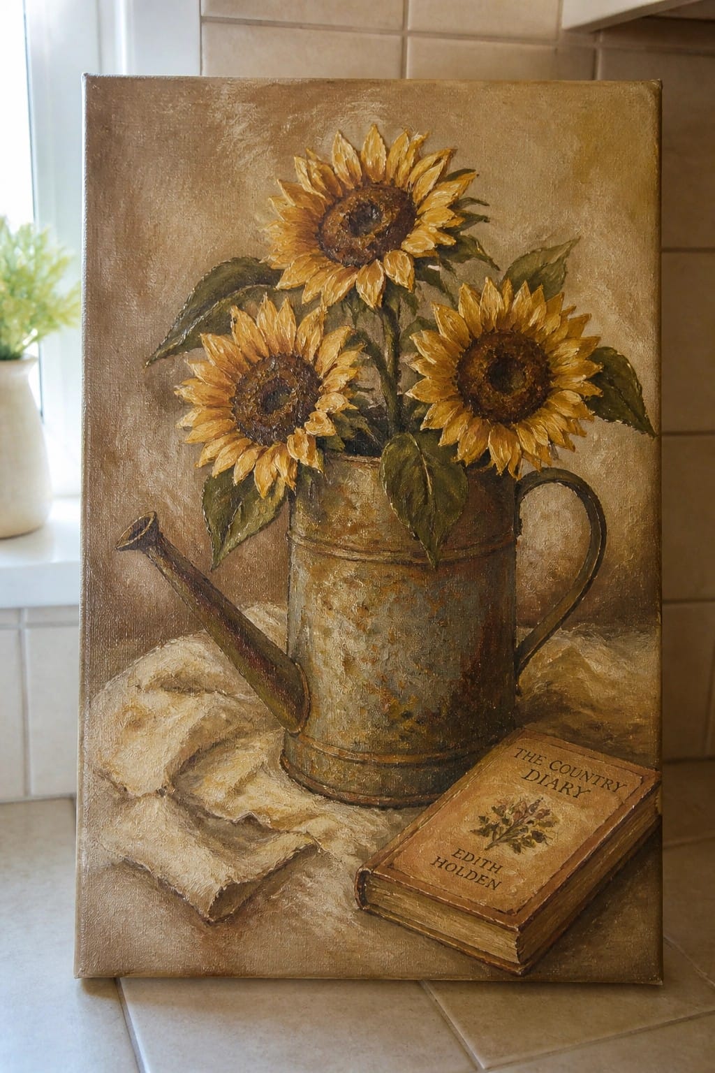 Sunflowers in rusty watering can beside vintage book on cloth, still life painting
