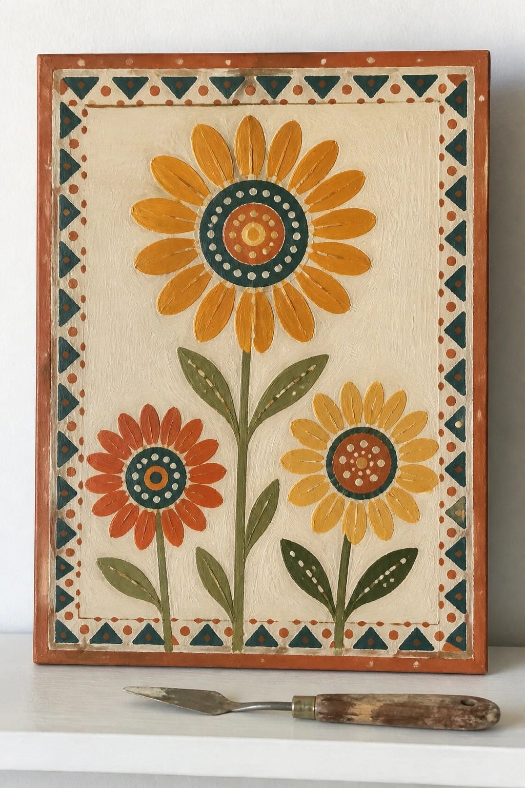 Rustic framed folk art painting of colorful sunflowers with palette knife below.