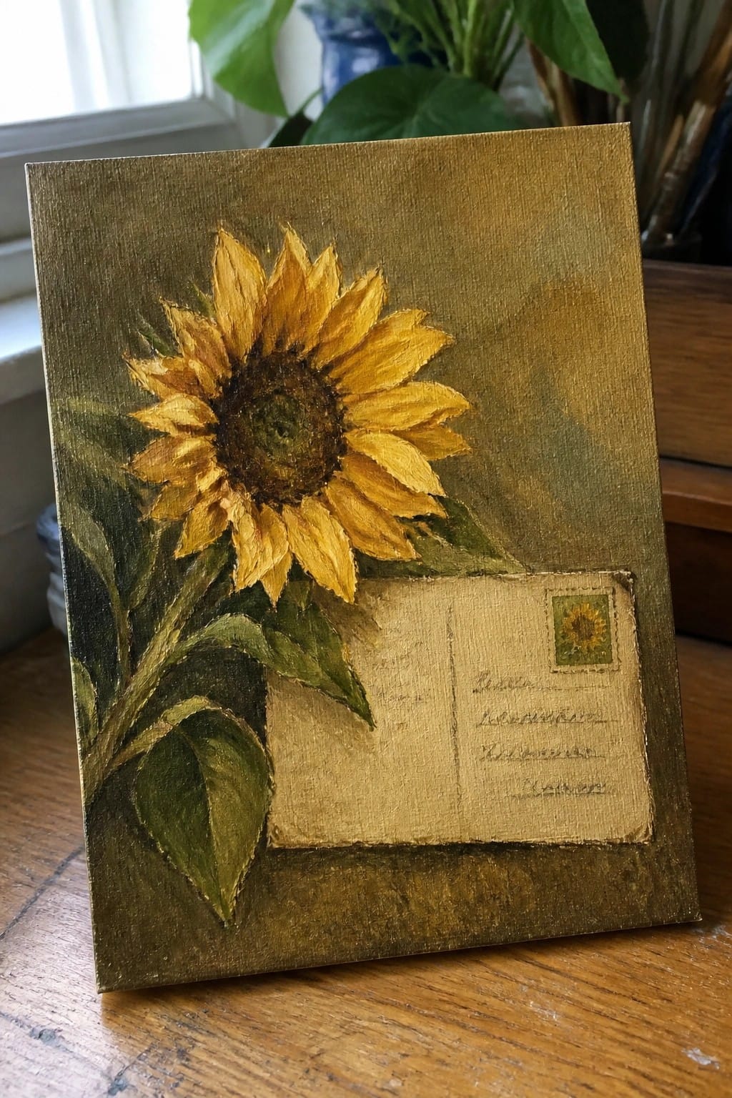 Oil painting of yellow sunflower with green leaves beside vintage postcard on gold canvas