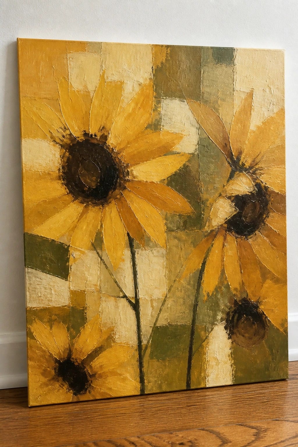 Abstract painting of three yellow sunflowers with dark centers on textured background