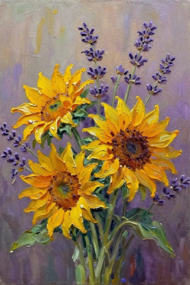An oil painting of several yellow sunflowers with lavender stems against a muted purple background.