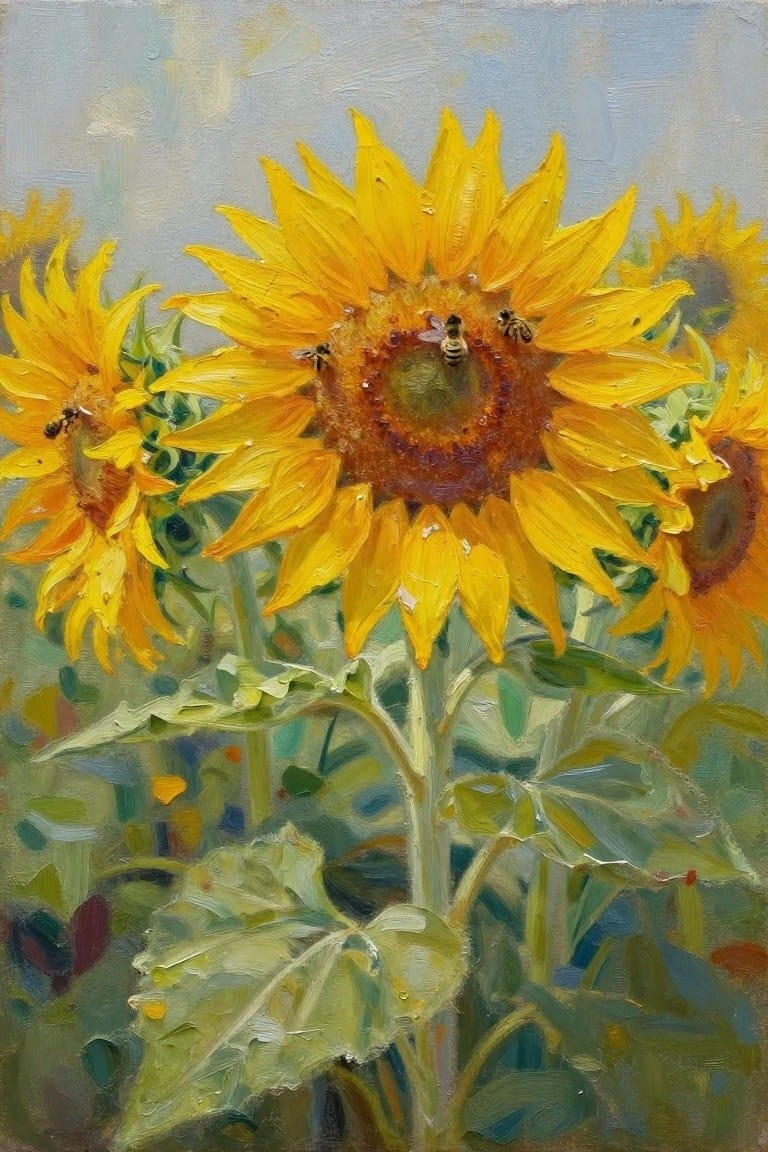 Yellow sunflowers with bees on centers and green leaves in oil painting.