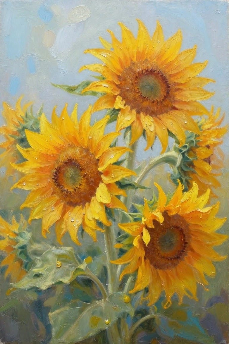 An oil painting of multiple yellow sunflowers with water droplets on the petals against a light blue background.